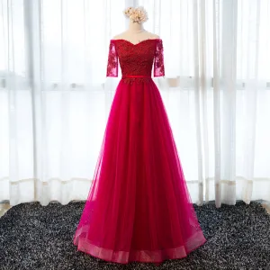 Chic Belle Bordeaux Robe De Soirée 2017 Princesse De L Épaule 1 2 Manches Appliques En Dentelle Ceinture Longue Volants Dos Nu Robe De Ceremonie