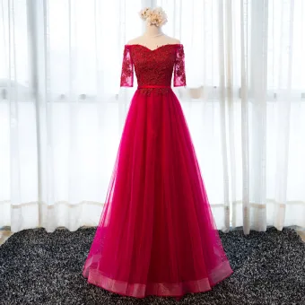 Snygga Fina Burgundy Aftonklänningar 2017 Prinsessa Av Axeln 1 2 Ärm Appliqués Spets Skärp Långa Ruffle Halterneck Formella Klänningar