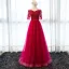 Chic / Belle Bordeaux Robe De Soirée 2017 Princesse De l'épaule 1/2 Manches Appliques En Dentelle Ceinture Longue Volants Dos Nu Robe De Ceremonie