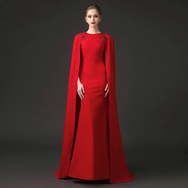Modest / Simple Red Evening Dresses  2018 Trumpet / Mermaid Scoop Neck Sleeveless Beading Watteau Train Formal Dresses