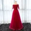 Chic / Belle Bordeaux Robe De Soirée 2017 Princesse De l'épaule 1/2 Manches Appliques En Dentelle Ceinture Longue Volants Dos Nu Robe De Ceremonie