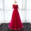 Chic / Belle Bordeaux Robe De Soirée 2017 Princesse De l'épaule 1/2 Manches Appliques En Dentelle Ceinture Longue Volants Dos Nu Robe De Ceremonie