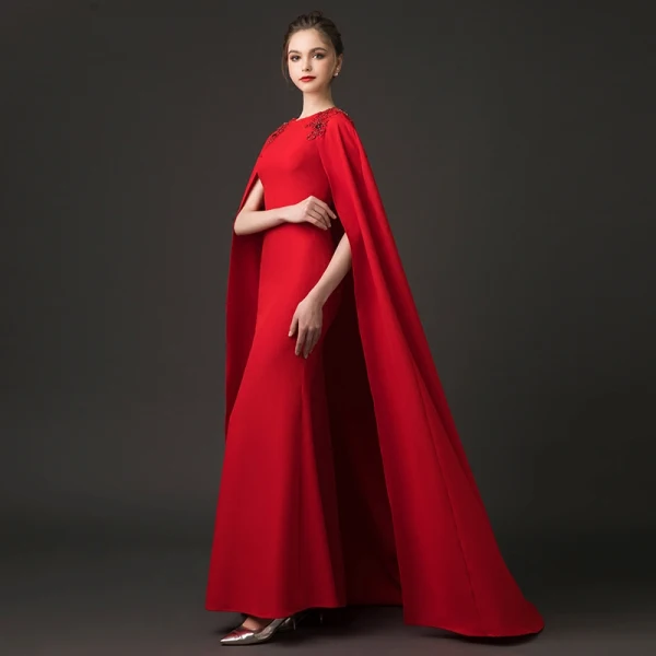 Modest / Simple Red Evening Dresses 2018 Trumpet / Mermaid Scoop Neck Sleeveless Beading Watteau Train Formal Dresses