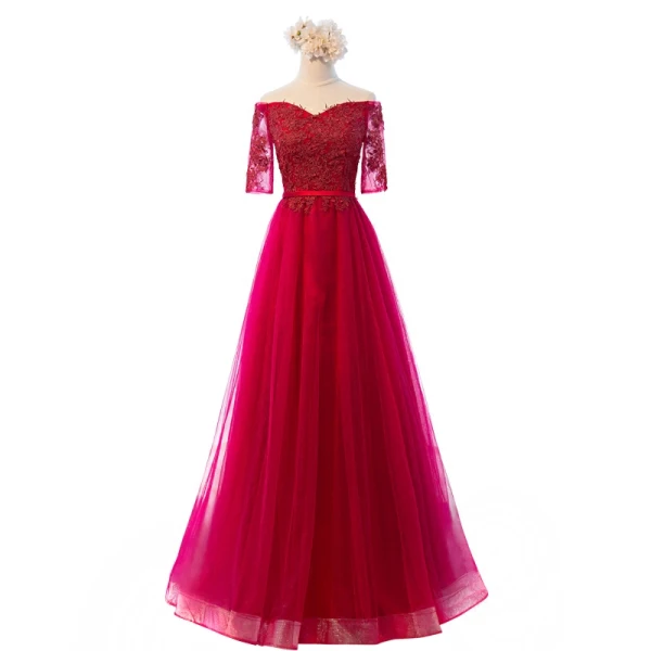 Chic / Belle Bordeaux Robe De Soirée 2017 Princesse De l'épaule 1/2 Manches Appliques En Dentelle Ceinture Longue Volants Dos Nu Robe De Ceremonie
