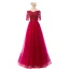 Chic / Belle Bordeaux Robe De Soirée 2017 Princesse De l'épaule 1/2 Manches Appliques En Dentelle Ceinture Longue Volants Dos Nu Robe De Ceremonie