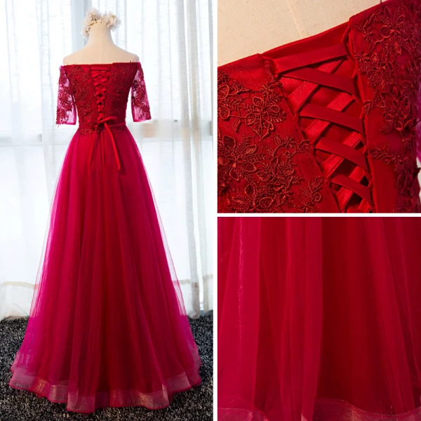 Chic / Belle Bordeaux Robe De Soirée 2017 Princesse De l'épaule 1/2 Manches Appliques En Dentelle Ceinture Longue Volants Dos Nu Robe De Ceremonie