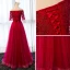 Chic / Belle Bordeaux Robe De Soirée 2017 Princesse De l'épaule 1/2 Manches Appliques En Dentelle Ceinture Longue Volants Dos Nu Robe De Ceremonie