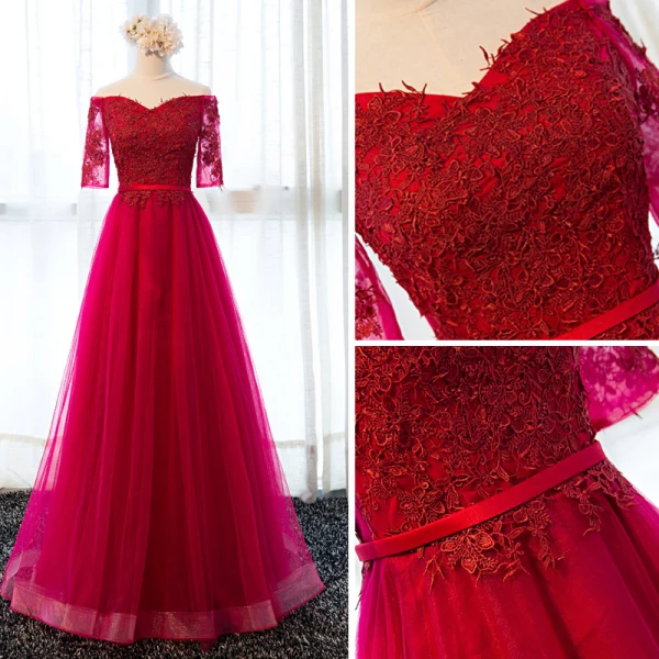 Chic / Belle Bordeaux Robe De Soirée 2017 Princesse De l'épaule 1/2 Manches Appliques En Dentelle Ceinture Longue Volants Dos Nu Robe De Ceremonie