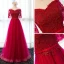 Chic / Belle Bordeaux Robe De Soirée 2017 Princesse De l'épaule 1/2 Manches Appliques En Dentelle Ceinture Longue Volants Dos Nu Robe De Ceremonie