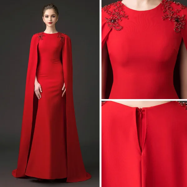 Modest / Simple Red Evening Dresses 2018 Trumpet / Mermaid Scoop Neck Sleeveless Beading Watteau Train Formal Dresses