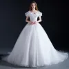 Cinderella White Prom Dresses 2017 Ball Gown Off-The-Shoulder Short Sleeve Butterfly Appliques Flower Chapel Train Ruffle Backless Formal Dresses