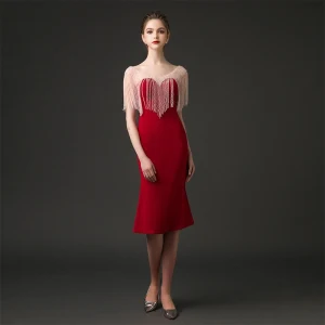 Chic Belle Bordeaux Robe De Fete 2018 Trompette Sirène Encolure Dégagée Sans Manches Cristal Perlage Gland Thé Longueur Dos Nu Robe De Ceremonie