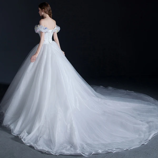 Cinderella White Prom Dresses 2017 Ball Gown Off-The-Shoulder Short Sleeve Butterfly Appliques Flower Chapel Train Ruffle Backless Formal Dresses