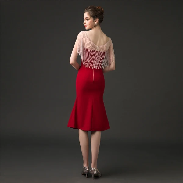 Chic / Belle Bordeaux Robe De Fete 2018 Trompette / Sirène Encolure Dégagée Sans Manches Cristal Perlage Gland Thé Longueur Dos Nu Robe De Ceremonie