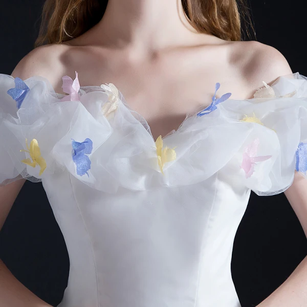 Cinderella White Prom Dresses 2017 Ball Gown Off-The-Shoulder Short Sleeve Butterfly Appliques Flower Chapel Train Ruffle Backless Formal Dresses