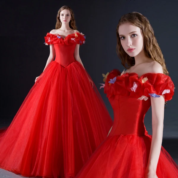 Cinderella White Prom Dresses 2017 Ball Gown Off-The-Shoulder Short Sleeve Butterfly Appliques Flower Chapel Train Ruffle Backless Formal Dresses