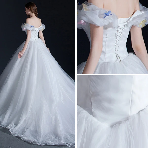 Cinderella White Prom Dresses 2017 Ball Gown Off-The-Shoulder Short Sleeve Butterfly Appliques Flower Chapel Train Ruffle Backless Formal Dresses