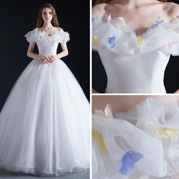 Cinderella White Prom Dresses 2017 Ball Gown Off-The-Shoulder Short Sleeve Butterfly Appliques Flower Chapel Train Ruffle Backless Formal Dresses