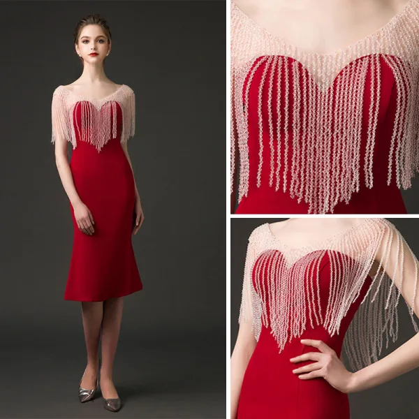 Chic / Belle Bordeaux Robe De Fete 2018 Trompette / Sirène Encolure Dégagée Sans Manches Cristal Perlage Gland Thé Longueur Dos Nu Robe De Ceremonie