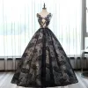 Chic / Beautiful Champagne Navy Blue Prom Dresses 2017 Ball Gown Scoop Neck Sleeveless Appliques Lace Sequins Pearl Bow Sash Floor-Length / Long Ruffle Pierced Backless Formal Dresses