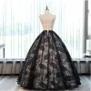 Chic / Beautiful Champagne Navy Blue Prom Dresses 2017 Ball Gown Scoop Neck Sleeveless Appliques Lace Sequins Pearl Bow Sash Floor-Length / Long Ruffle Pierced Backless Formal Dresses