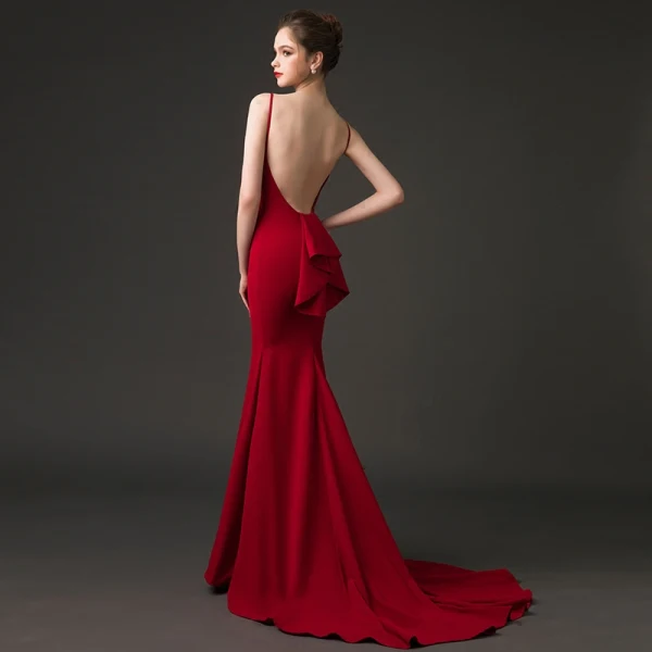 Sexy Burgundy Evening Dresses 2018 Trumpet / Mermaid Square Neckline Sleeveless Court Train Ruffle Backless Formal Dresses