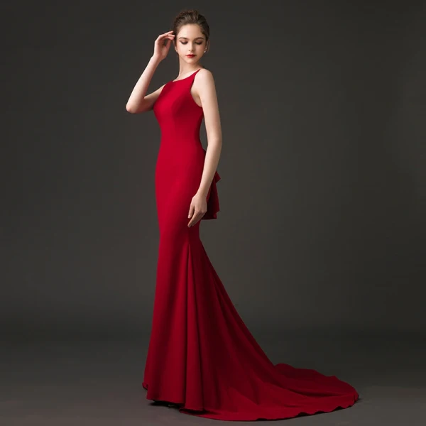 Sexy Burgundy Evening Dresses 2018 Trumpet / Mermaid Square Neckline Sleeveless Court Train Ruffle Backless Formal Dresses