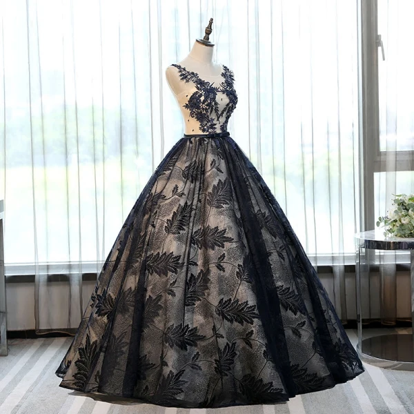 Chic / Belle Champagne Bleu Marine Robe De Bal 2017 Robe Boule Encolure Dégagée Sans Manches Appliques En Dentelle Paillettes Perle Noeud Ceinture Longue Volants Percé Dos Nu Robe De Ceremonie