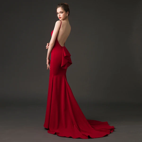Sexy Burgundy Evening Dresses 2018 Trumpet / Mermaid Square Neckline Sleeveless Court Train Ruffle Backless Formal Dresses