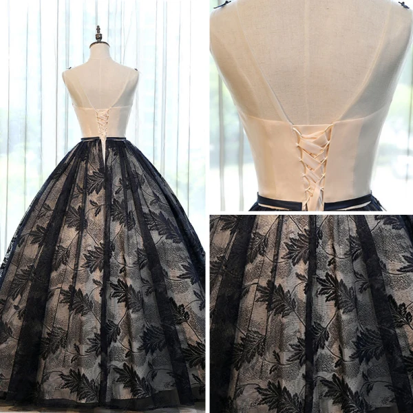 Chic / Belle Champagne Bleu Marine Robe De Bal 2017 Robe Boule Encolure Dégagée Sans Manches Appliques En Dentelle Paillettes Perle Noeud Ceinture Longue Volants Percé Dos Nu Robe De Ceremonie
