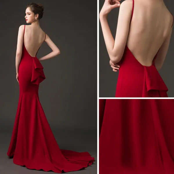 Sexy Burgundy Evening Dresses 2018 Trumpet / Mermaid Square Neckline Sleeveless Court Train Ruffle Backless Formal Dresses