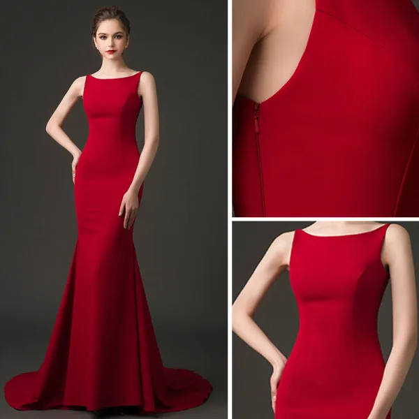 Sexy Burgundy Evening Dresses 2018 Trumpet / Mermaid Square Neckline Sleeveless Court Train Ruffle Backless Formal Dresses