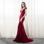 Sexy Burgundy Suede Evening Dresses  2018 Trumpet / Mermaid V-Neck Cap Sleeves Court Train Ruffle Backless Formal Dresses