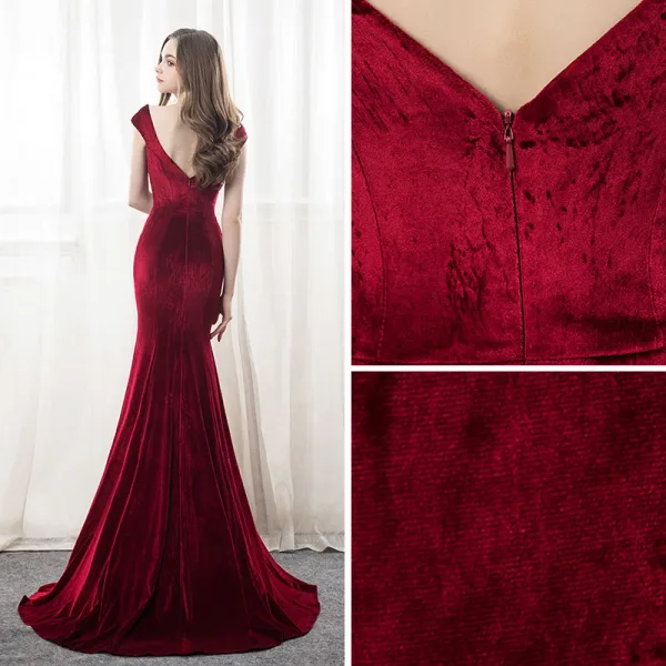 Sexy Burgundy Suede Evening Dresses 2018 Trumpet / Mermaid V-Neck Cap Sleeves Court Train Ruffle Backless Formal Dresses