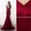 Sexy Burgundy Suede Evening Dresses  2018 Trumpet / Mermaid V-Neck Cap Sleeves Court Train Ruffle Backless Formal Dresses