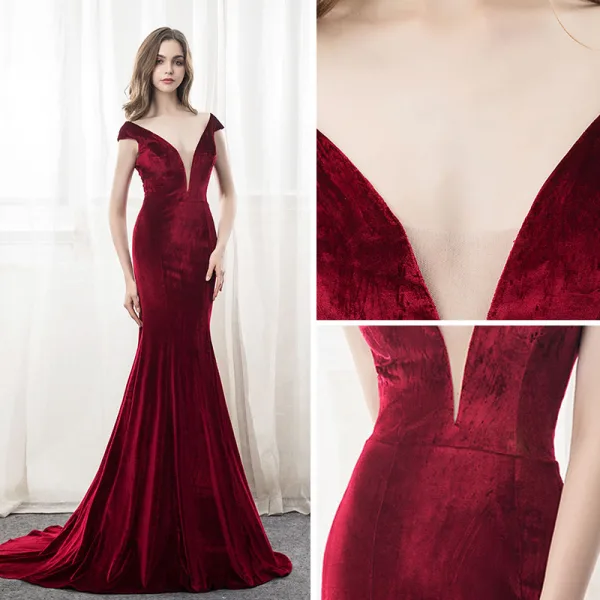 Sexy Burgundy Suede Evening Dresses 2018 Trumpet / Mermaid V-Neck Cap Sleeves Court Train Ruffle Backless Formal Dresses