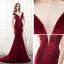Sexy Burgundy Suede Evening Dresses  2018 Trumpet / Mermaid V-Neck Cap Sleeves Court Train Ruffle Backless Formal Dresses