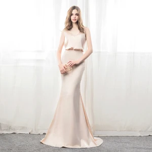 Elegant Champagne Selskapskjoler 2018 Trompet Havfrue V Hals Uten Ermer Beading Domstol Tog Buste Ryggløse Formelle Kjoler