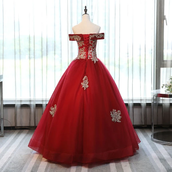 Chic / Beautiful Red Prom Dresses 2017 Ball Gown Off-The-Shoulder Short Sleeve Rhinestone Appliques Flower Floor-Length / Long Ruffle Backless Formal Dresses