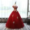 Chic / Beautiful Red Prom Dresses 2017 Ball Gown Off-The-Shoulder Short Sleeve Rhinestone Appliques Flower Floor-Length / Long Ruffle Backless Formal Dresses