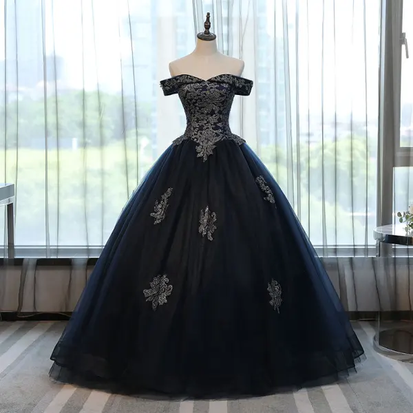 Chic / Beautiful Red Prom Dresses 2017 Ball Gown Off-The-Shoulder Short Sleeve Rhinestone Appliques Flower Floor-Length / Long Ruffle Backless Formal Dresses