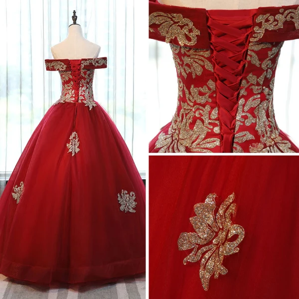 Chic / Beautiful Red Prom Dresses 2017 Ball Gown Off-The-Shoulder Short Sleeve Rhinestone Appliques Flower Floor-Length / Long Ruffle Backless Formal Dresses