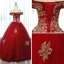 Chic / Beautiful Red Prom Dresses 2017 Ball Gown Off-The-Shoulder Short Sleeve Rhinestone Appliques Flower Floor-Length / Long Ruffle Backless Formal Dresses