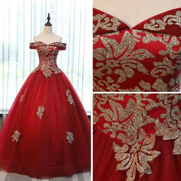 Chic / Beautiful Red Prom Dresses 2017 Ball Gown Off-The-Shoulder Short Sleeve Rhinestone Appliques Flower Floor-Length / Long Ruffle Backless Formal Dresses