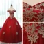 Chic / Beautiful Red Prom Dresses 2017 Ball Gown Off-The-Shoulder Short Sleeve Rhinestone Appliques Flower Floor-Length / Long Ruffle Backless Formal Dresses
