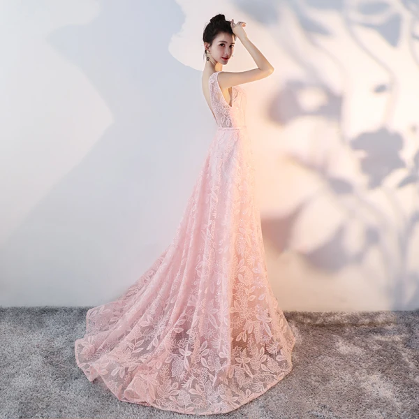 Bling Bling Pearl Pink See-through Lace Evening Dresses  2018 A-Line / Princess Scoop Neck Sleeveless Sash Court Train Ruffle Backless Formal Dresses