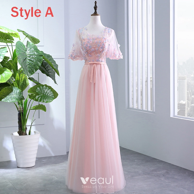 Lace Appliqued And Beaded Long Dresses Pearl Pink