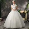 Affordable Chic / Beautiful Hall Wedding Dresses 2017 Lace Appliques Rhinestone Backless High Neck Short Sleeve Floor-Length / Long Ivory Ball Gown