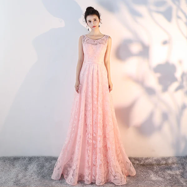 Bling Bling Pearl Pink See-through Lace Evening Dresses  2018 A-Line / Princess Scoop Neck Sleeveless Sash Court Train Ruffle Backless Formal Dresses