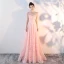Bling Bling Pearl Pink See-through Lace Evening Dresses  2018 A-Line / Princess Scoop Neck Sleeveless Sash Court Train Ruffle Backless Formal Dresses